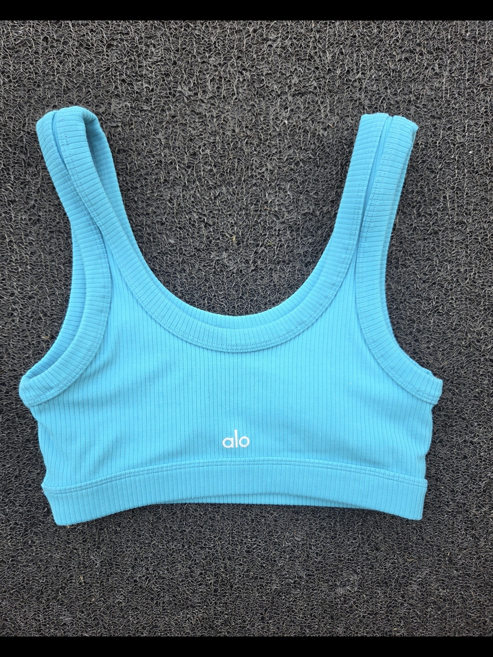 ALO Yoga Bright Aqua Athletic Bra with Ribbed Neckline - Picture 1 of 4